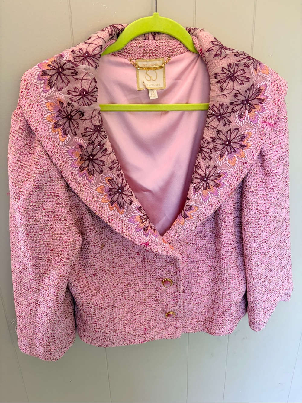 St. John Couture Pink Tweed with Crystal, mesh and gorgeous buttons